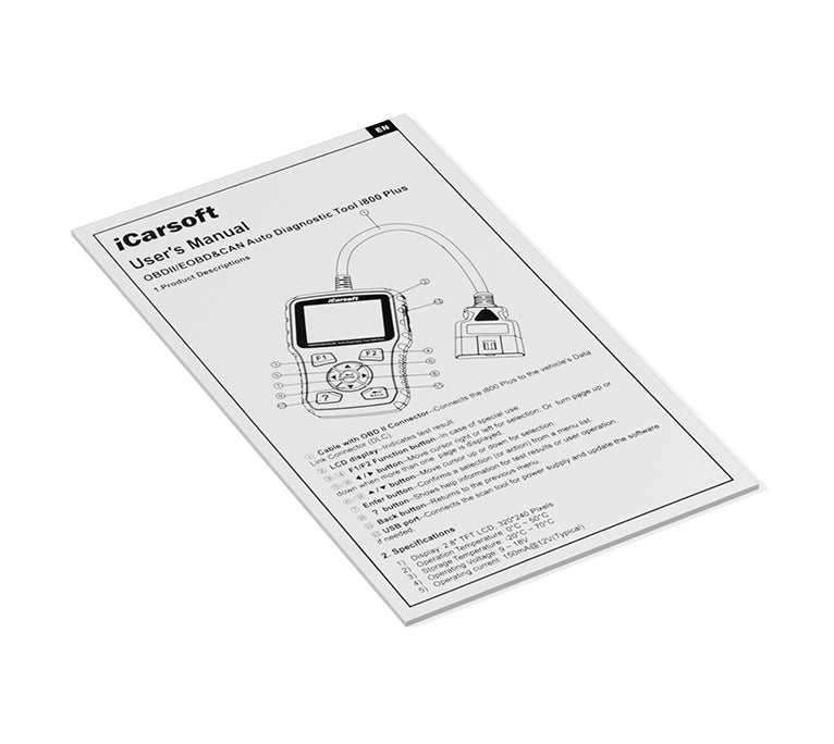 iCarsoft i800 Plus OBD2 Felkodsläsare & Motorscanner – Professionellt Diagnosverktyg för Motor och Batteri